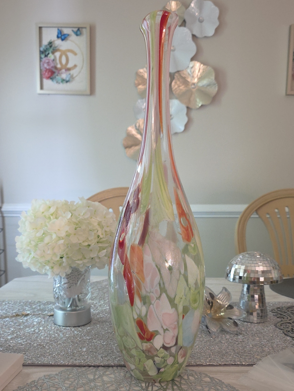 Handblown Art Glass Floral Vase in Green, Pink & Red